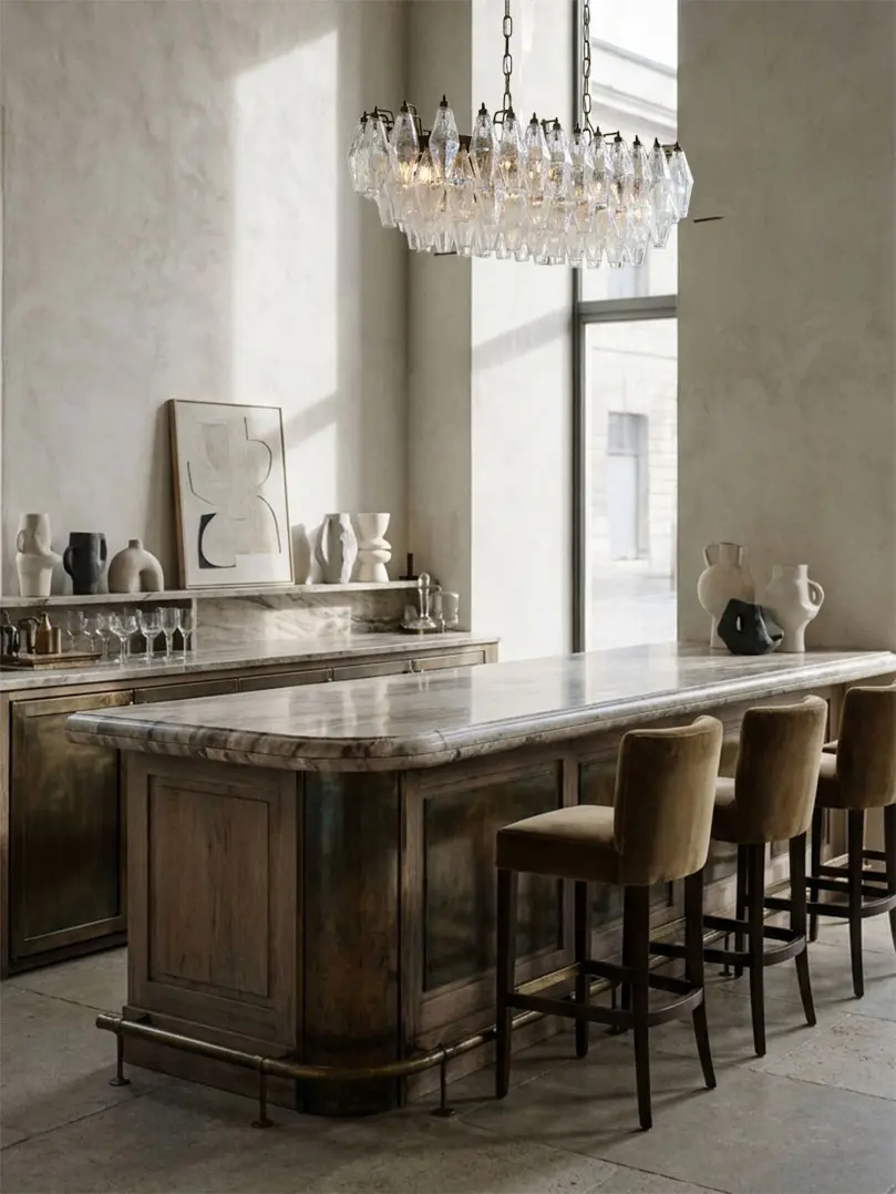 84 poliedri Murano chandelier hanging in a bar