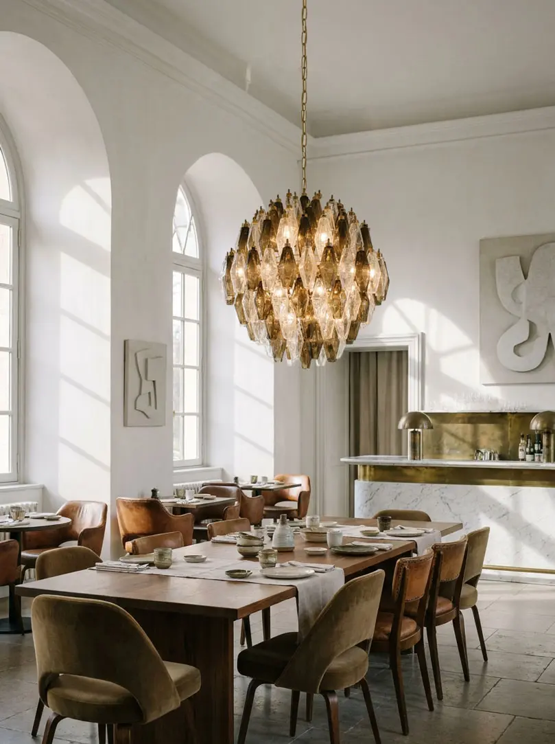 140 Murano poliedri glasses chandelier hanging in a restaurant