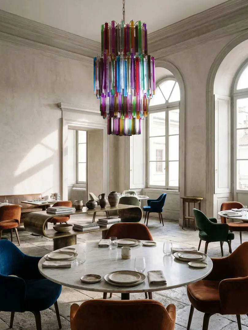 242 Murano glass prism chandelier hanging in a restaurant.