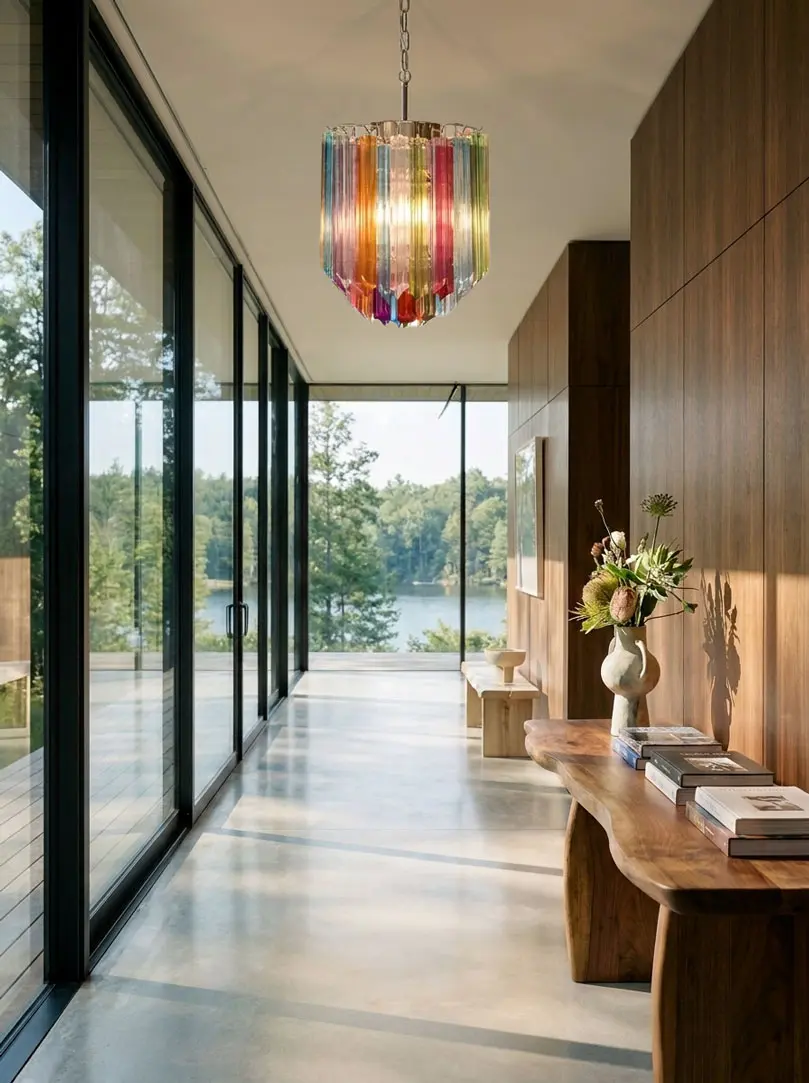 47 multi Murano prism chandelier hanging in a hall