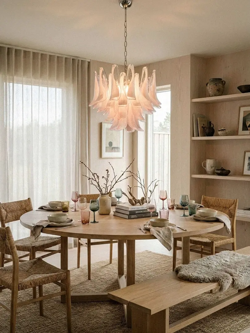 36 pink lattimo Murano chandelier hanging in a kitchen