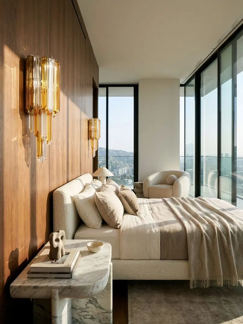 Murano wall sconces hanging in a bed room with a view