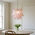 36 pink felci Murano glass chandelier hanging in a livingroom