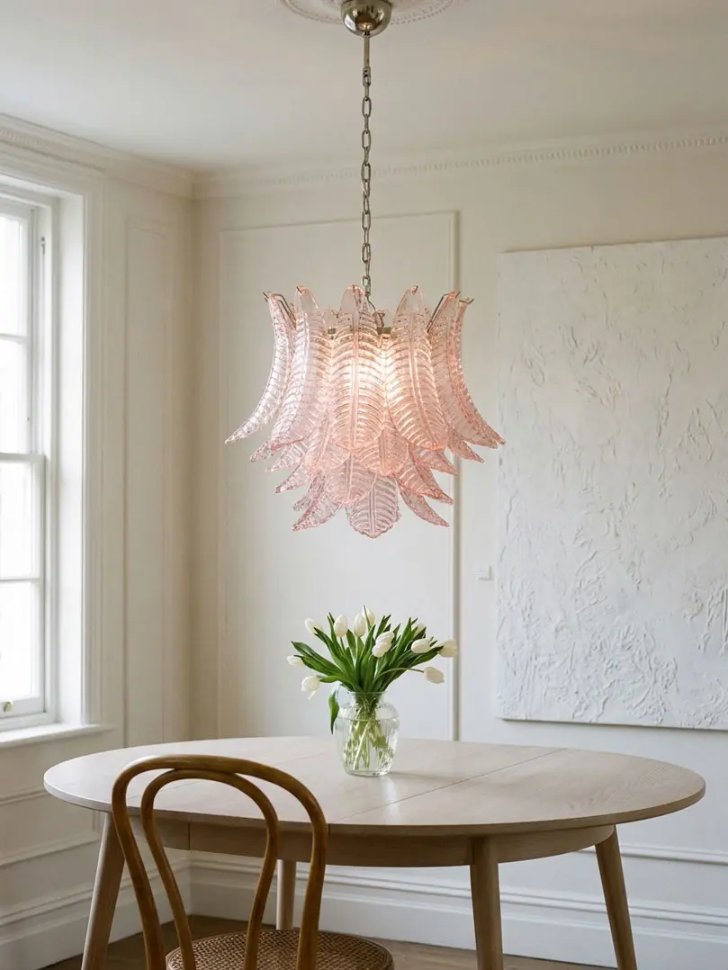 36 pink felci Murano glass chandelier hanging in a livingroom