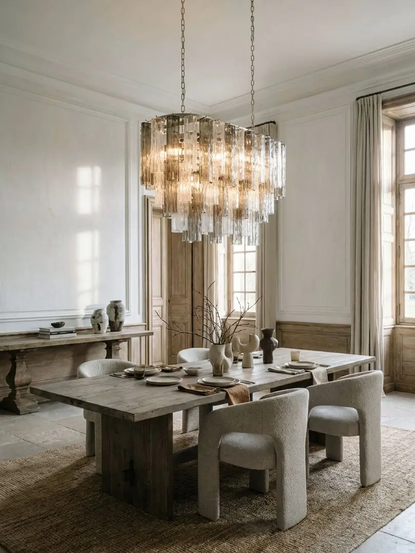 62 Murano glass tube chandelier hanging in a diningroom