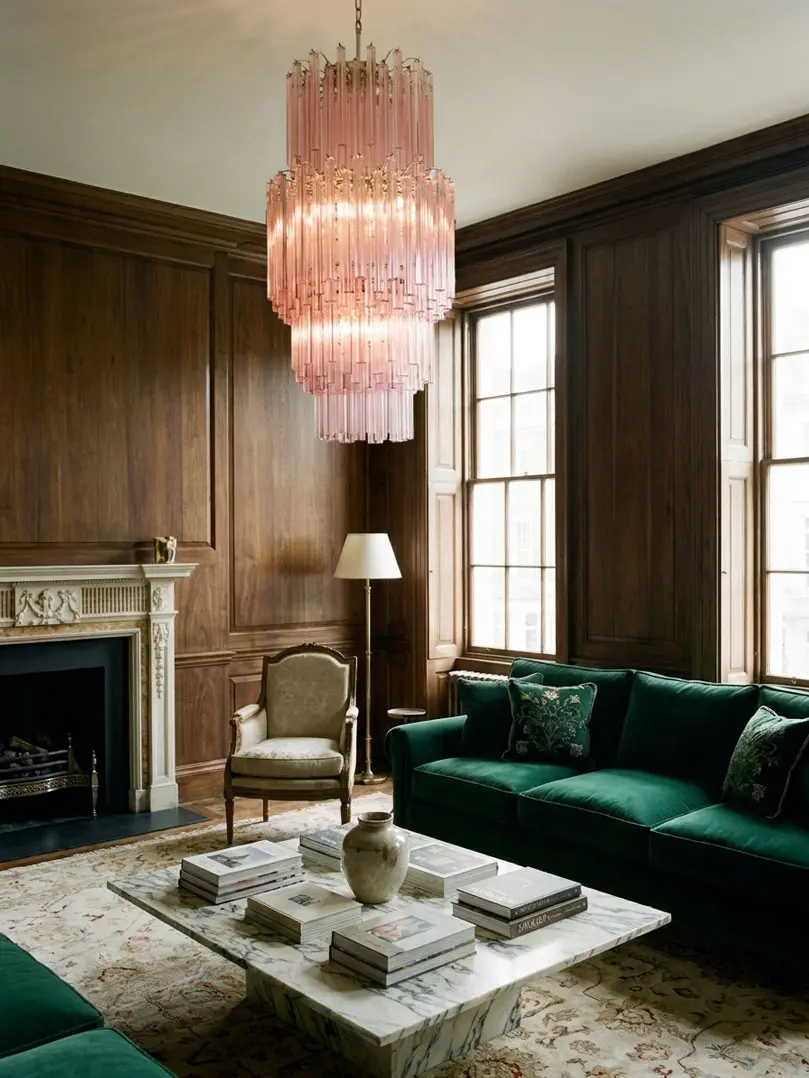 242 pink triedri Murano glass prism chandelier hanging in a livingroom