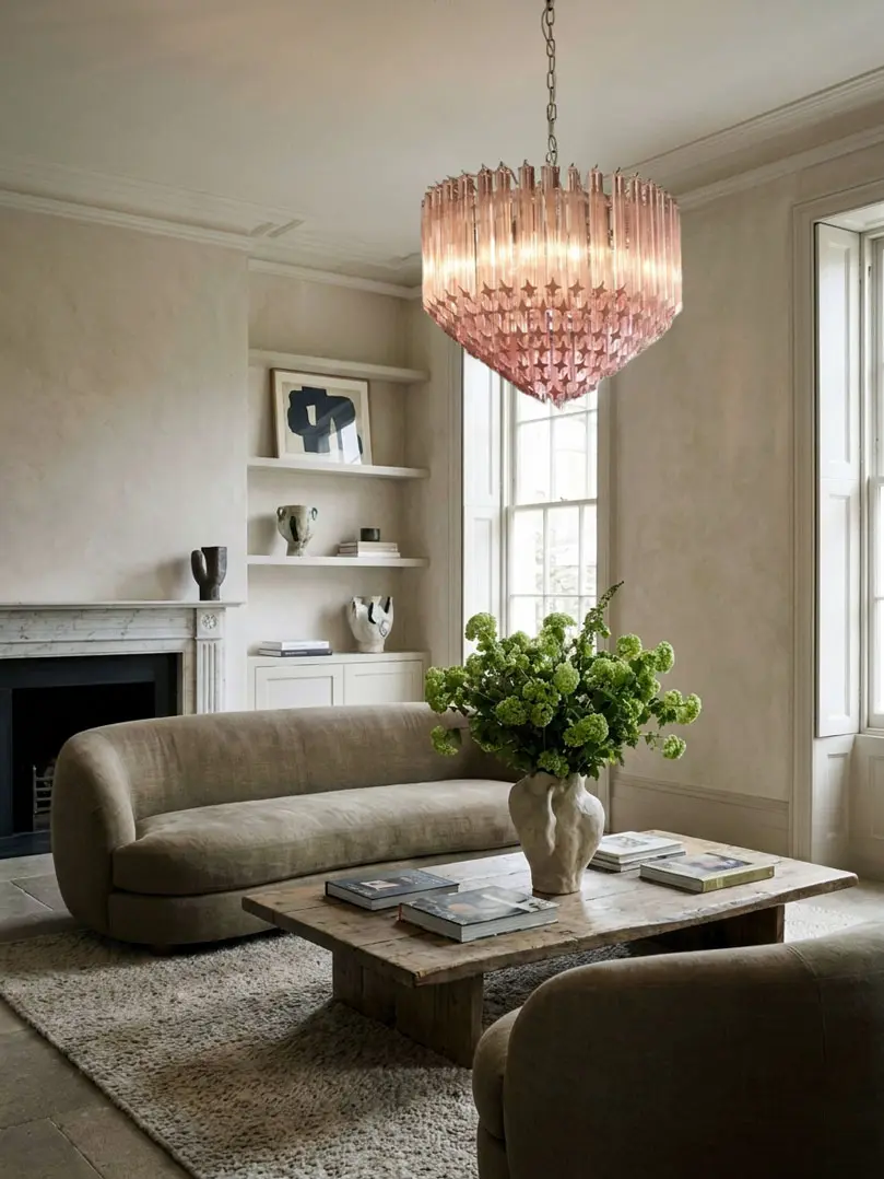 163 pink Murano glass prism chandelier hanging in a livingroom