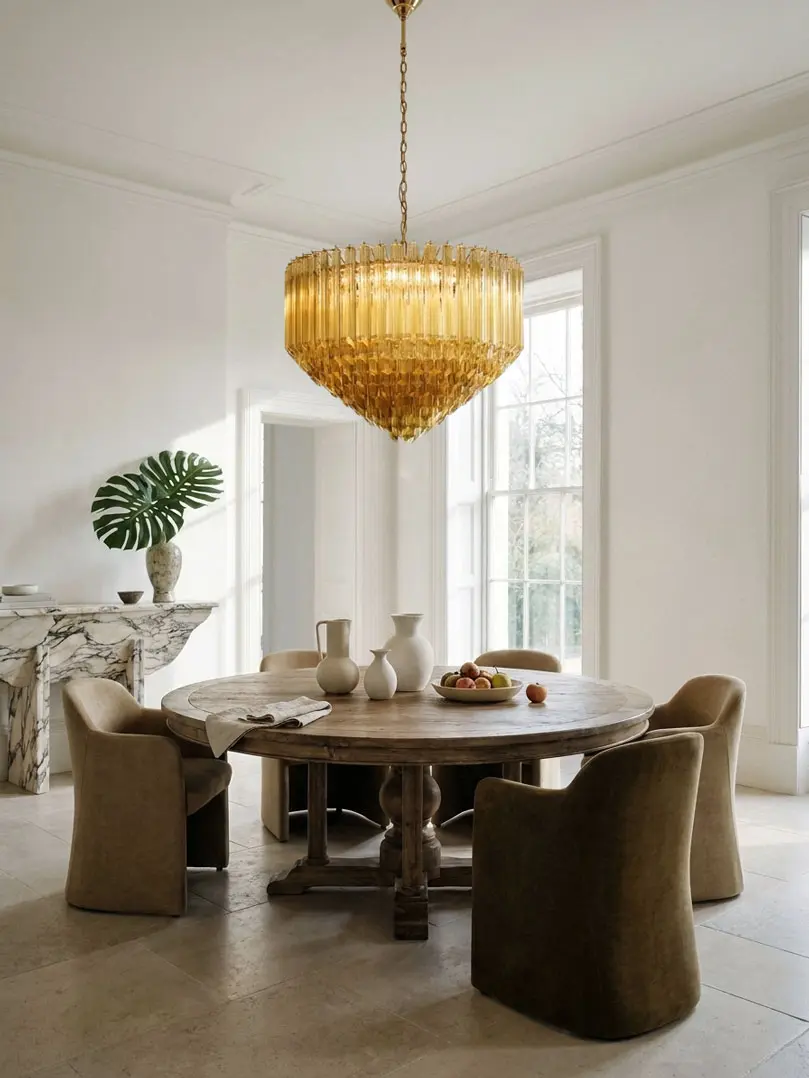 265 amber Murano glass prism chandelier hanging in a diningroom