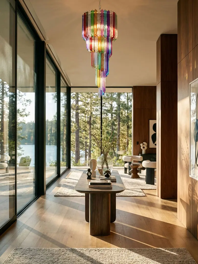 86 multi prism spiral Murano chandelier hanging in a hall