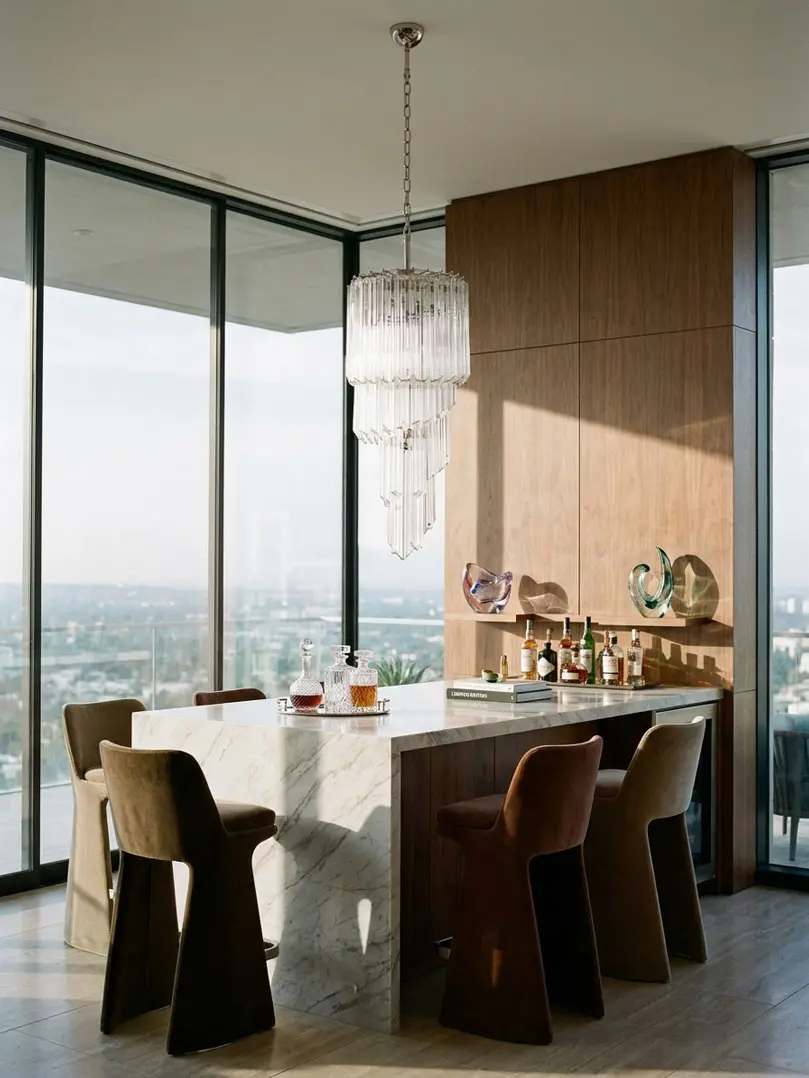 54 transparent spiral chandelier hanging in a kitchen