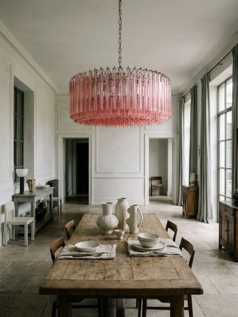 391 pink triedri Murano glass prism chandelier hanging in a kitchen