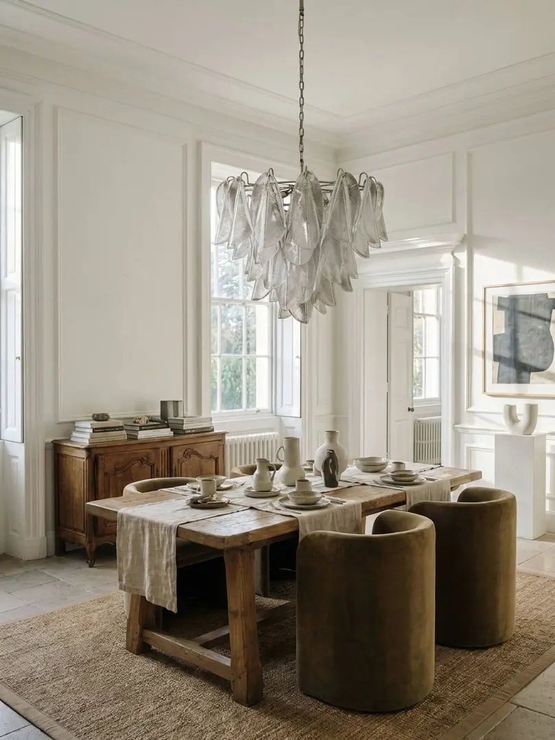 57 transparent Rondini Murano glass chandlier haning in a dinning room
