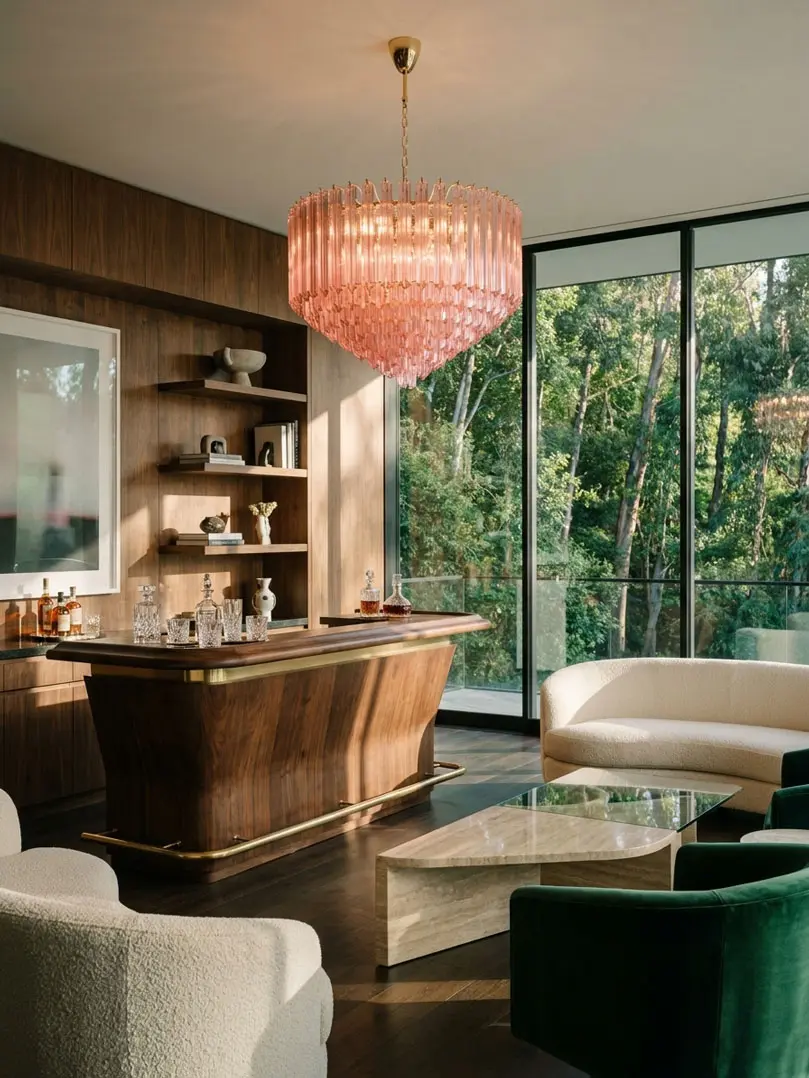 263 pink prism Murano chandelier hanging in bar