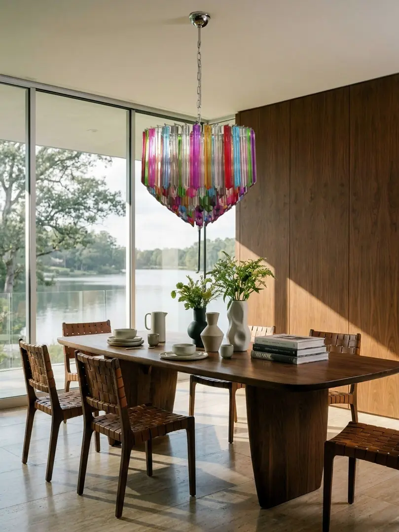 163 multi color prism Murano chandelier hanging in diningroom with a lake view