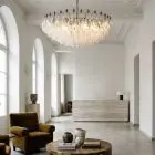 185 irridecent poliedri Murano chandelier hanging in hotel lobby