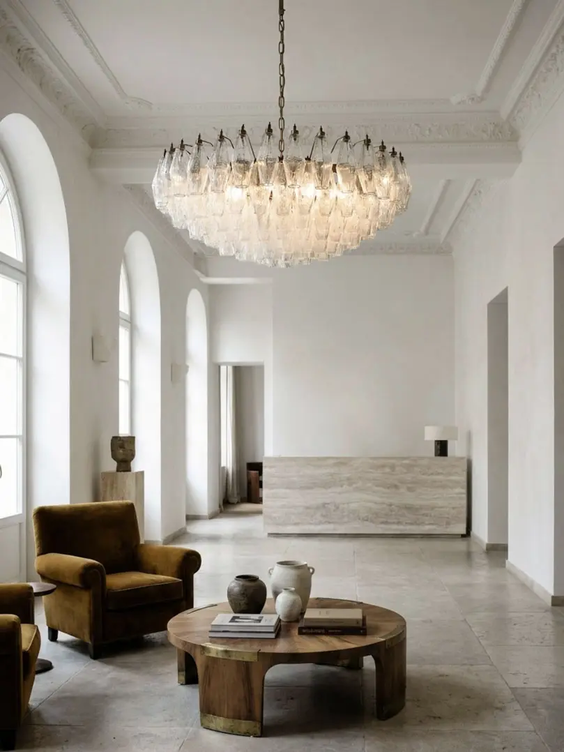 185 irridecent poliedri Murano chandelier hanging in hotel lobby