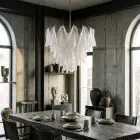 52 transparent Murano rondini chandelier hanging in a dark kitchen