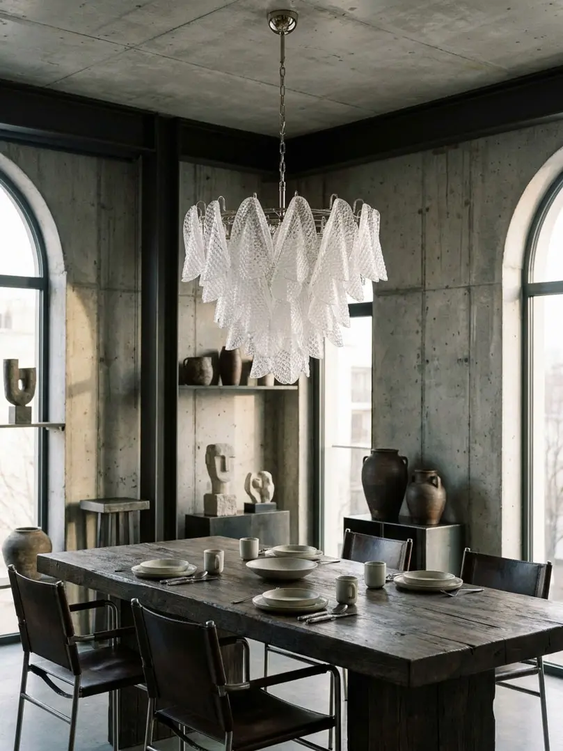 52 transparent Murano rondini chandelier hanging in a dark kitchen