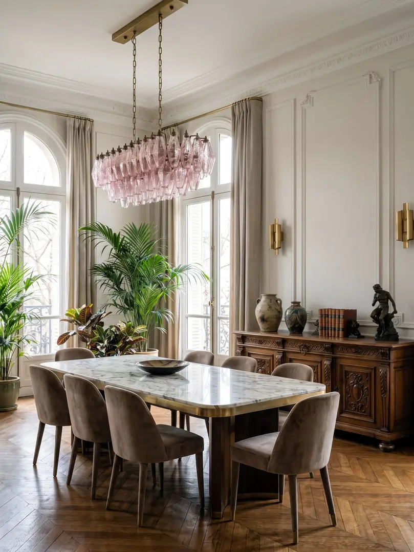 84 pink poliedri Murano chandelier hanging in diningroom