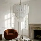 48 white alabaster Murano tube chandelier hanging in a livingroom