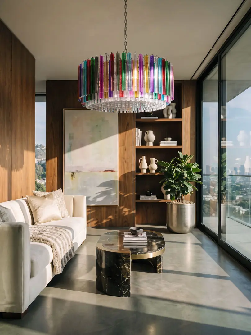 391 multi prism Murano chandlier hanging in a livingroom