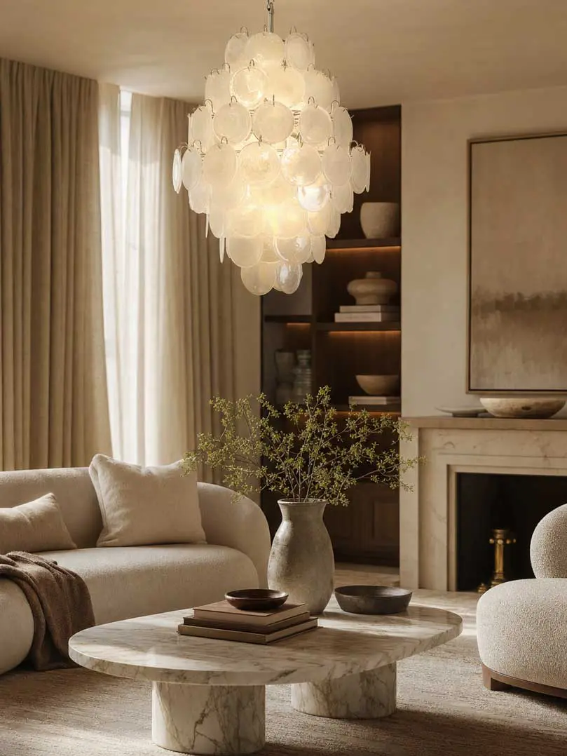 murano disc chandelier hanging in livingroom