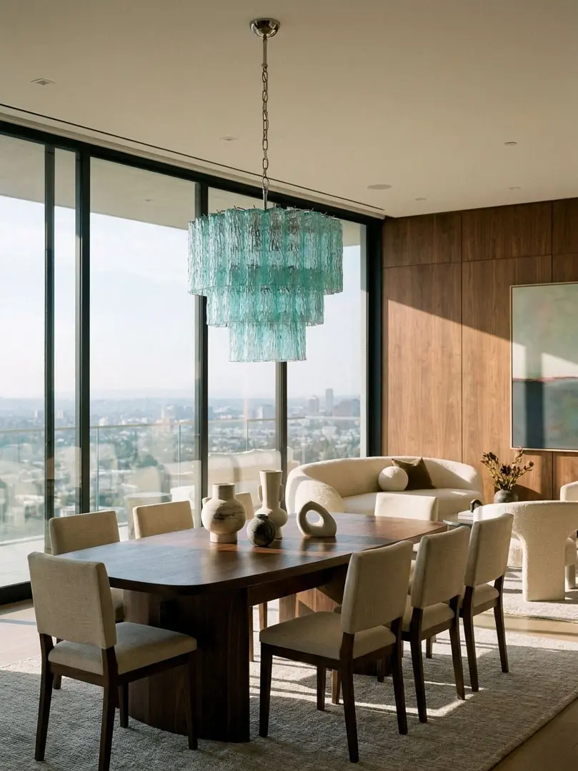 52 Murano textured turquoise chandelier hanging in a diningroom
