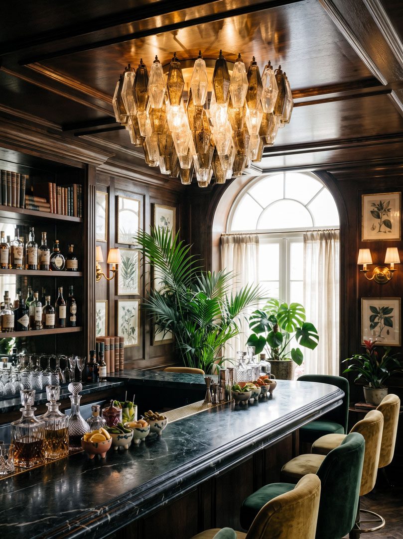 84 poliedri chandelier hanging in a bar