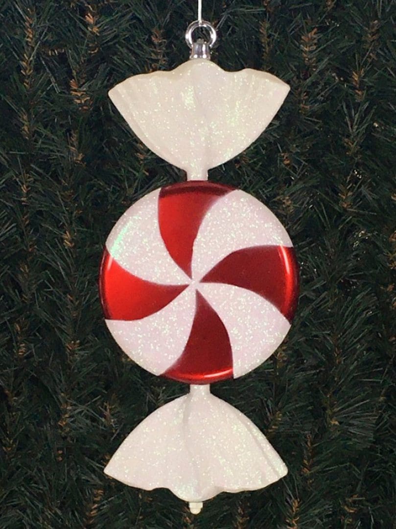 Hofflands Julepynt - Slik - Rundt Rød/Perlemor med hvidt glitter peppermint - 18 cm