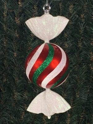Hofflands Julepynt - Slik - Rundt Rød/Perlemor med hvidt glitter peppermint - 18 cm