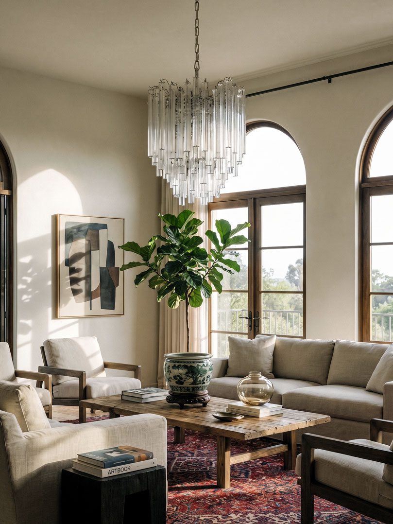 92 transparent triedri prisms chandelier hanging in a livingroom