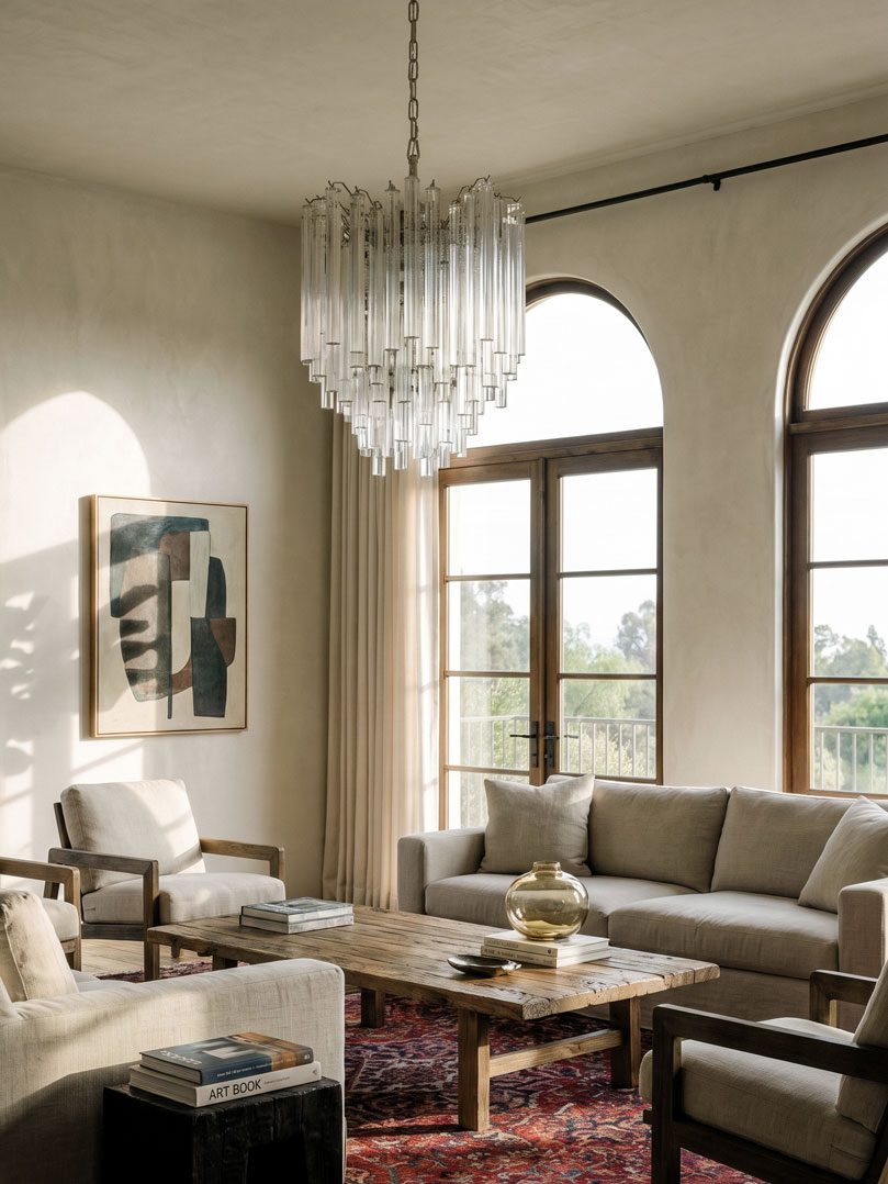 92 transparent triedri prisms chandelier hanging in a livingroom