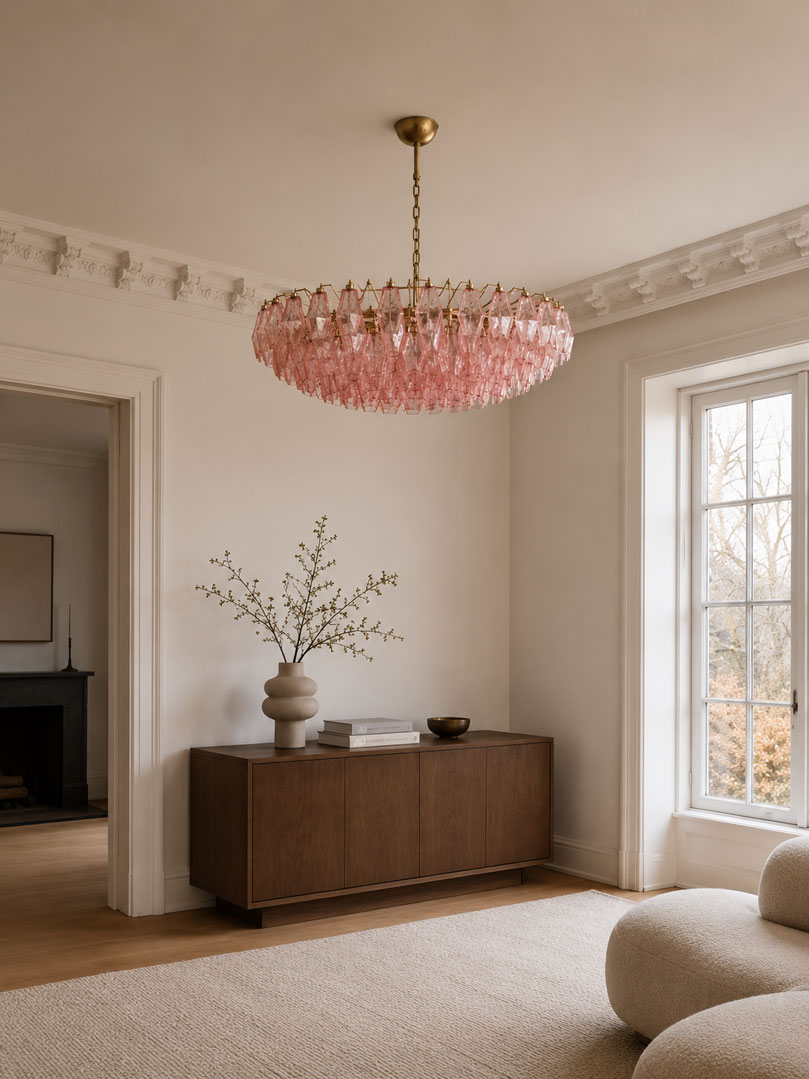 Murano Lysekrone - Poliedri - 185 glas - Rosa Mat guld patineret