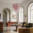 48 pink Murano curva tubes hanging in Hotel lobby