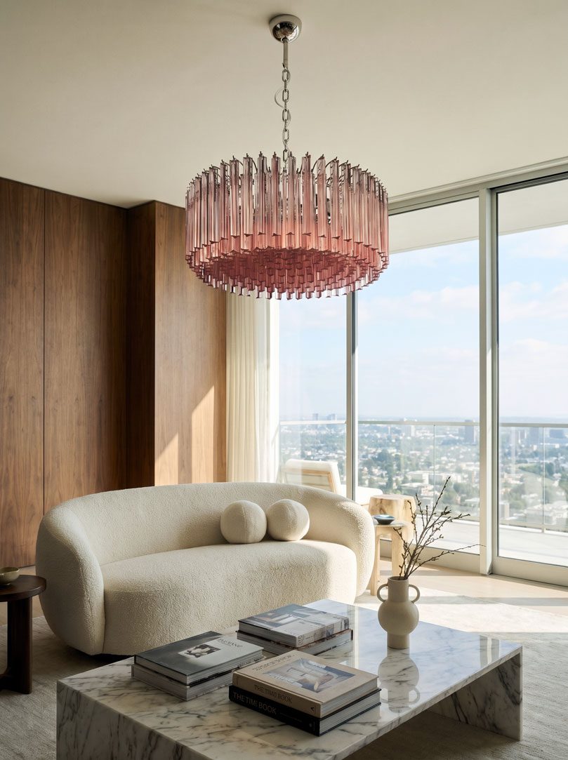 265 pink Murano triedri prism chandelier hanging in livingroom