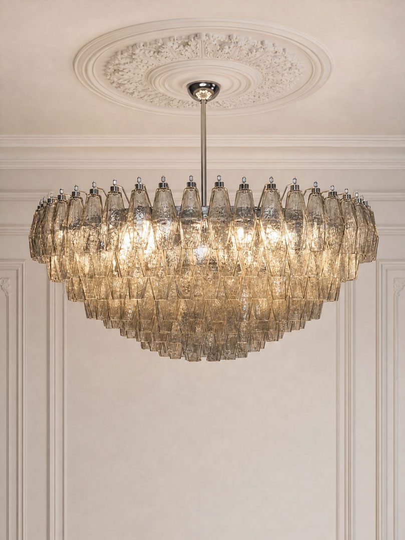 Murano Lysekrone Poliedri 275 glas Ekstra Lys Røgfarvet Mat gold with patina